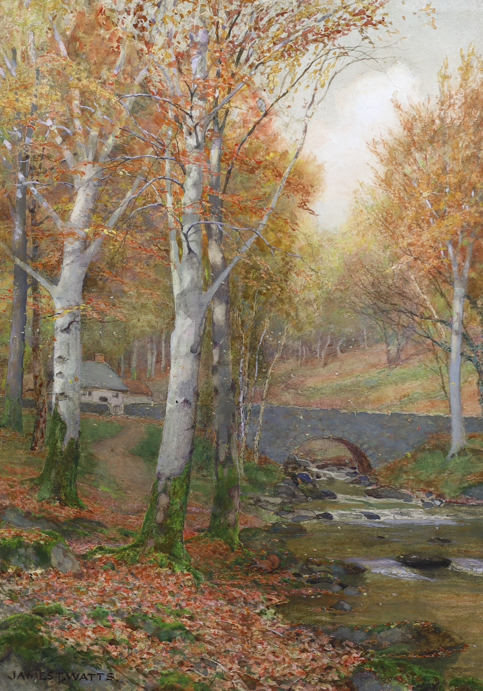 James Thomas Watts (English, 1853-1930), 'Autumn among Birch trees' & ‘A little Welsh stream in autumn', watercolours, a pair, 34.5 x 24.5cm, Please note this lot attracts an additional import tax of 5% on the hammer pri